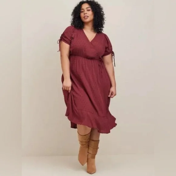 torrid | Dresses | Torrid Midi Swiss Linen Surplice Dress Faux Wrap Burgundy  Large 2 | Poshmark